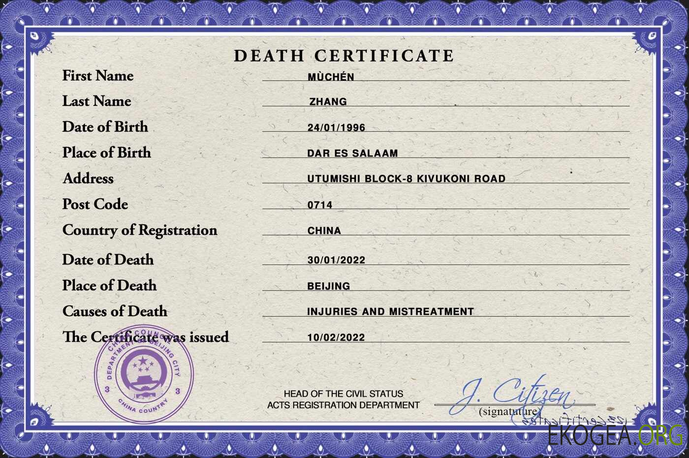 Modèle PSD de certificat de décès en Chine